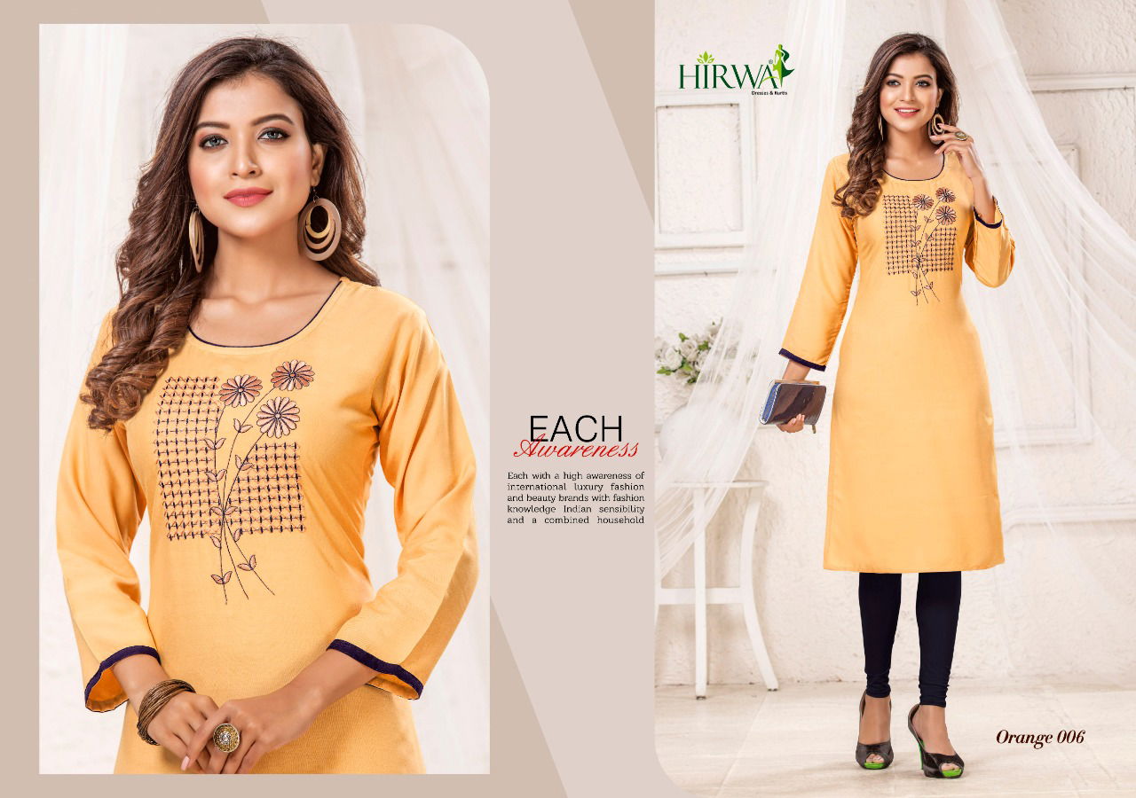 Hirwa Orange 2 Heavy Rayon Straight Cut Kurti